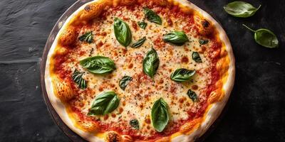 Top-down view of Margherita pizza with toppings arranged in a classic pattern, photorealistic food photo