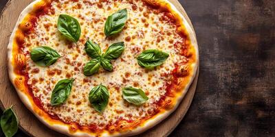 Top-down view of Margherita pizza with toppings arranged in a classic pattern, gastronomy photography photo