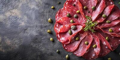 Bresaola slices arranged in a circular pattern with capers scattered on top, photorealistic food photo