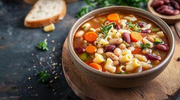 Minestrone soup in a round bowl with visible vegetables, pasta, and beans, photorealistic food photo