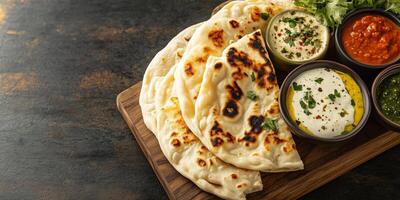 Naan arranged on a wooden board with dipping sauces and garnish, gastronomy photography photo