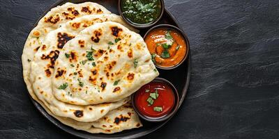 Naan displayed on a platter with a variety of dipping sauces, photorealistic food photo