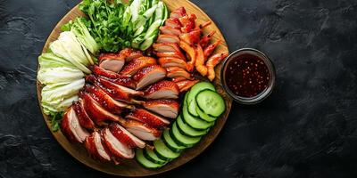 Peking duck with vegetables and hoisin sauce, gastronomy photography photo