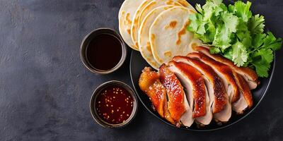 Peking duck with pancakes and hoisin sauce, photorealistic food photo