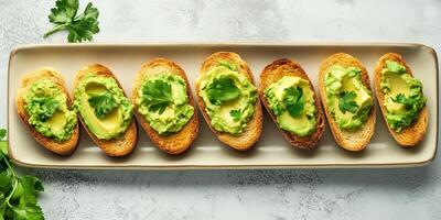 Avocado crostini on a rectangular plate, spaced evenly with garnishes, photorealistic food photo