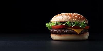 Single gourmet burger with layers, lying flat on a simple surface, photorealistic food photo