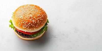Single small burger with visible fillings on a clean surface, photorealistic food photo