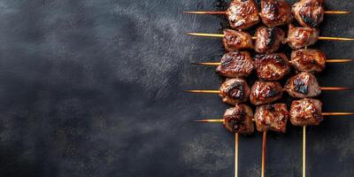 Skewer with small grilled meat pieces, evenly spaced, lying on a flat surface, gastronomy photography photo