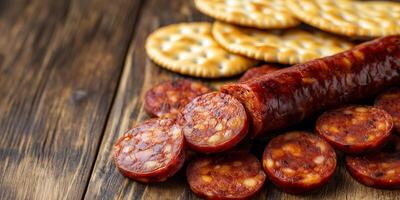 Sliced chorizo arranged next to a few crackers on a wooden surface, photorealistic food photo