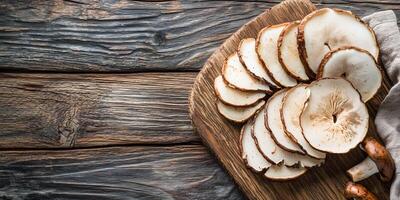 Sliced porcini mushrooms arranged in a fan shape on a wooden surface, gastronomy photography photo