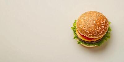 Small assembled burger, placed horizontally on a simple surface, photorealistic food photo