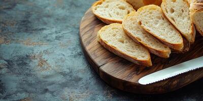 Close-up of sliced baguette pieces neatly arranged on wooden surface, meal photography photo