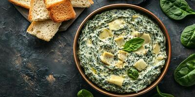 Close-up of spinach artichoke dip in wide bowl with consistent surface, food setting photo