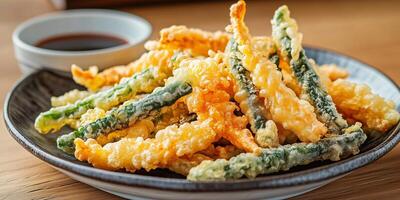 Close-up of tempura vegetables on a plate with dipping sauce, food setting photo