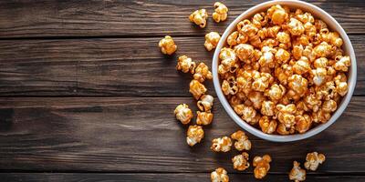 Container filled with caramel corn, with coated kernels spilling over, meal photography photo