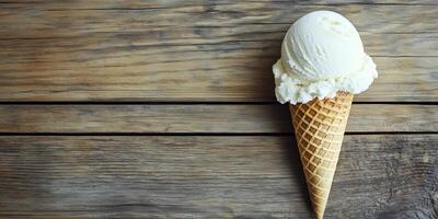 Dairy-free ice cream cone on a wooden surface, scoop leaning slightly, food setting photo
