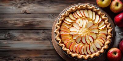 Pie with a decorative crust edge, filled with sliced apples, placed on a plate, meal photography photo