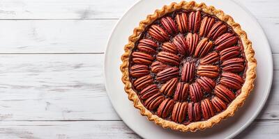 Pie with deep filling of pecans, resting on a simple white plate, ready to serve, meal photography photo