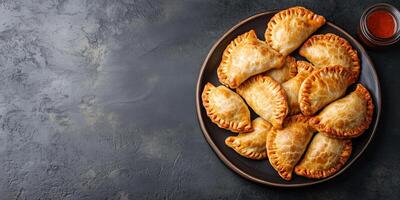 Pile of beef empanadas on a round plate, ready to serve, meal photography photo