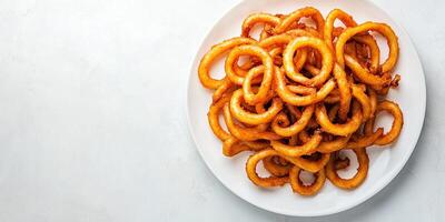 Pile of curly fries on a white plate, centered, meal photography photo