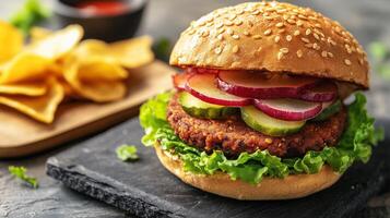 Plant-based burger with vegetables on a bun with chips, meal photography photo