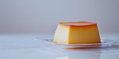 Portion of flan in a clear container with minimalistic presentation, food setting photo