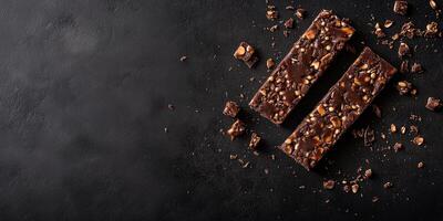 Protein bar broken into pieces, revealing dense interior, food setting photo