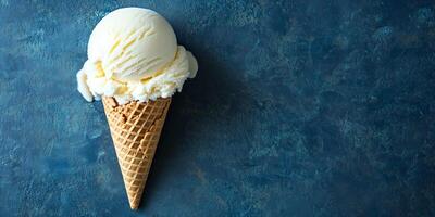 Ice cream scoop on a cone, smooth and rounded, starting to melt, meal photography photo