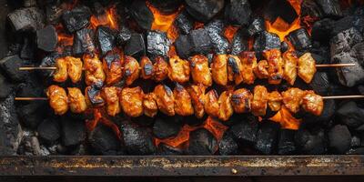 Chicken skewers placed symmetrically over hot coals in a grill, food setting photo