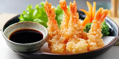 Tempura shrimp and vegetables displayed on a dish with a small sauce bowl, food setting photo