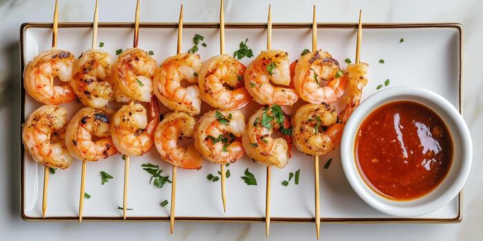 Shrimp skewers lined up on a rectangular plate with dipping sauce, meal photography photo