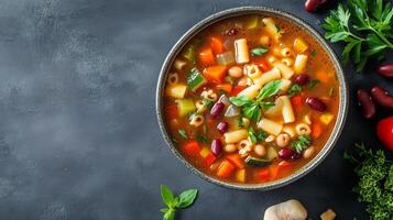 Serving of minestrone soup with visible vegetables, pasta, and beans, meal photography photo