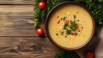 Deep dish of soup with floating ingredients, meal photography photo