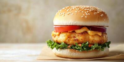 Single chicken burger with patty and fillings, placed horizontally, food setting photo