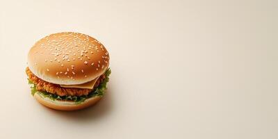 Single chicken burger with visible fillings, lying flat on a clean background, meal photography photo