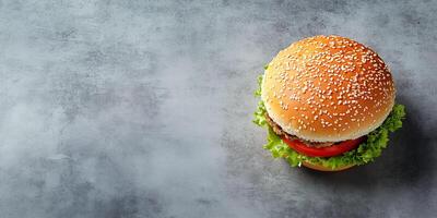 Single chicken burger, placed diagonally on a clean flat surface, meal photography photo