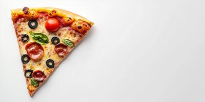 Single pizza slice with toppings displayed prominently, resting on a white background, meal photography photo