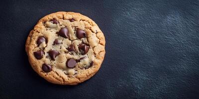 Single chocolate chip cookie on a flat surface, showing visible chips, food setting photo