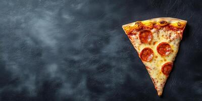 Single pizza slice displayed with melted cheese and scattered pepperoni on top, food setting photo