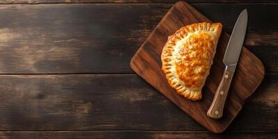 Single vegetarian empanada on a cutting board, knife nearby, meal photography photo