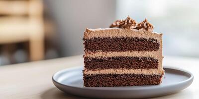 Slice of chocolate cake on a plate, showing layers of cake and frosting, food setting photo