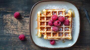 Square plate displaying a single gluten-free waffle in the middle, food setting photo