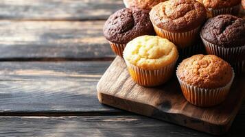 Stack of muffins on wooden serving board, meal photography photo