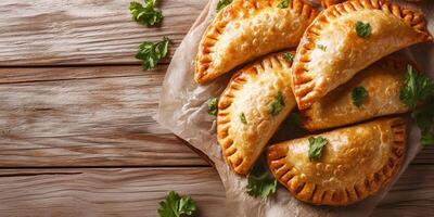 Stack of vegetarian empanadas on a wooden table, food setting photo