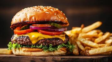 Stacked beef burger with melted cheese, sliced vegetables, and fries, meal photography photo