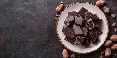 Broken dark chocolate pieces displayed on a white plate with cocoa beans, meal photography photo