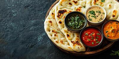 Naan arranged on a serving dish with a variety of dipping sauces, meal photography photo
