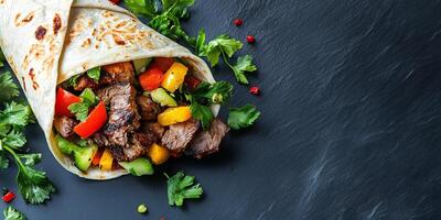Open wrap filled with grilled meat and vegetables, resting on a flat surface, meal photography photo