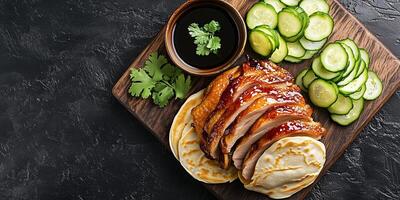 Peking duck with pancakes, hoisin sauce, and scallions, food setting photo