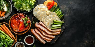 Peking duck with vegetables and hoisin sauce, food setting photo